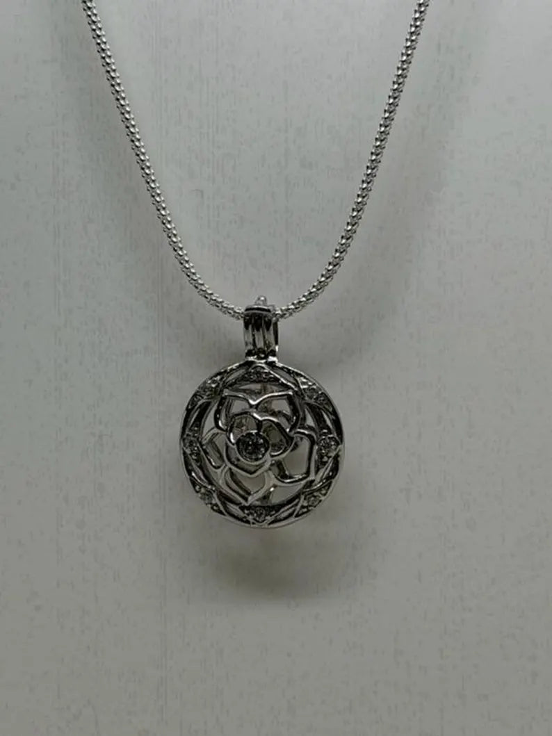 Sterling Silver Gemstone Cage Pendant • Flower with CZ Center • Interchangeable Necklace • Fits 5mm Gem (4 pcs) • White Gold Plated