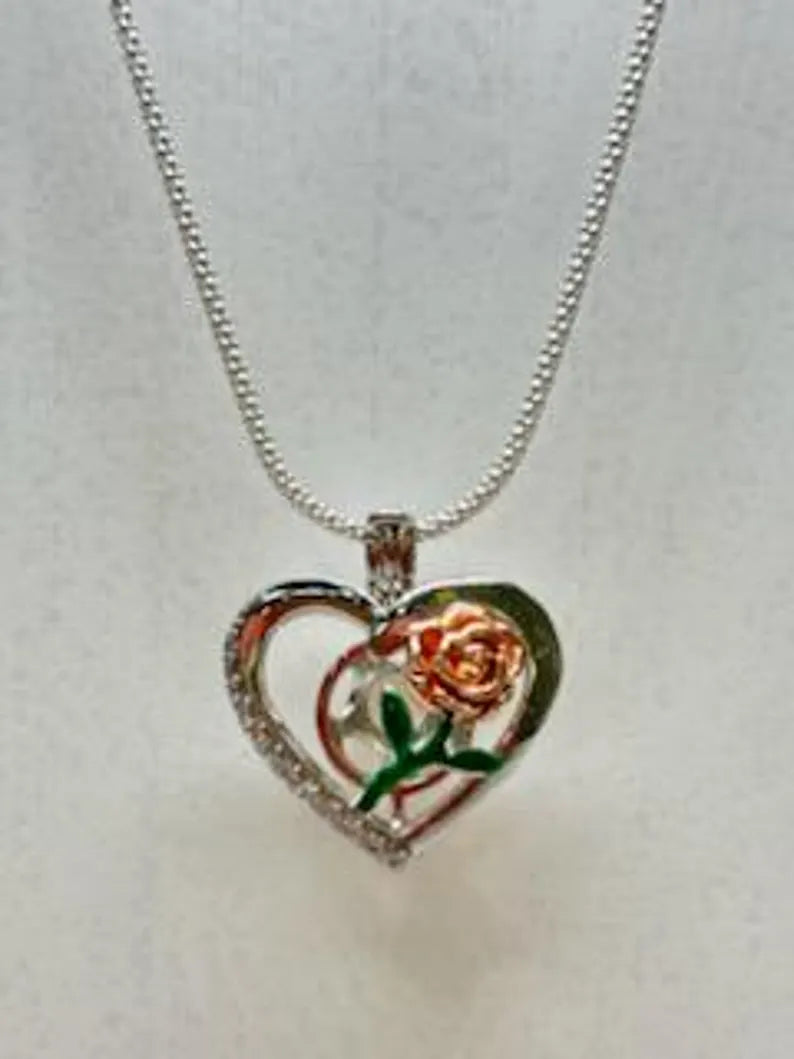 Romantic Cage Pendant Gift • Rose Gold Bloom on Green Stem in 925 CZ Heart • Sterling Silver White Gold Plated • Fits 6mm Gem • Gem Options