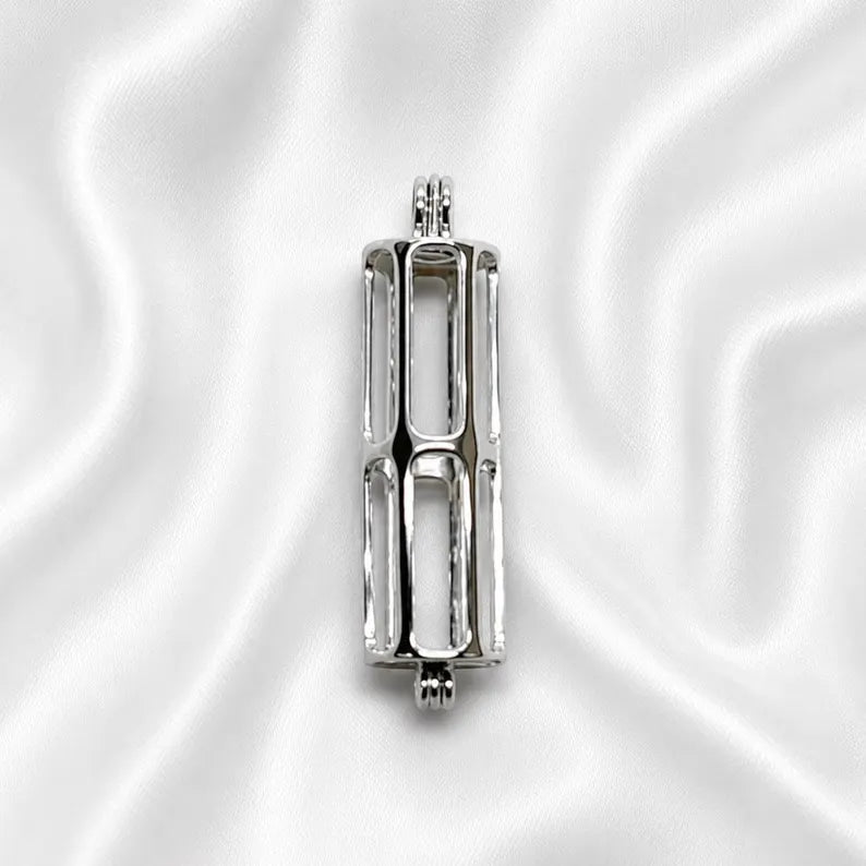 Sterling Silver Gemstone Cage Pendant • Cylinder Design • Fits 4 pcs 6mm Gems • Interchangeable Necklace • White Gold Plated