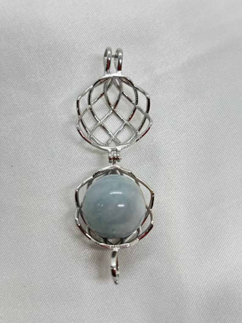 Sterling Silver Cage Pendant with Gemstone Options • Round Classic • White Gold Plated • Jade • Jasper • Peach Moonstone • Blue Lace Agate