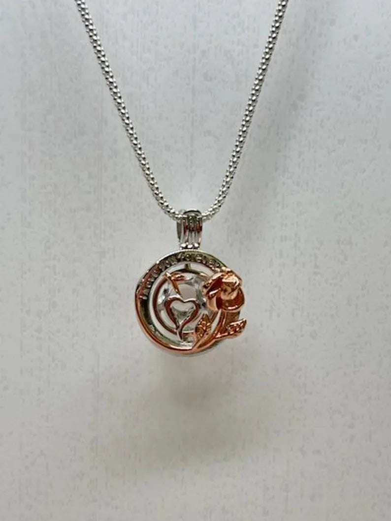 Romantic Cage Pendant Gift • 'I Love You Forever' Rose Gold Flower with Silver Heart • Fits 6mm Gem • Sterling Silver (White Gold Plated)
