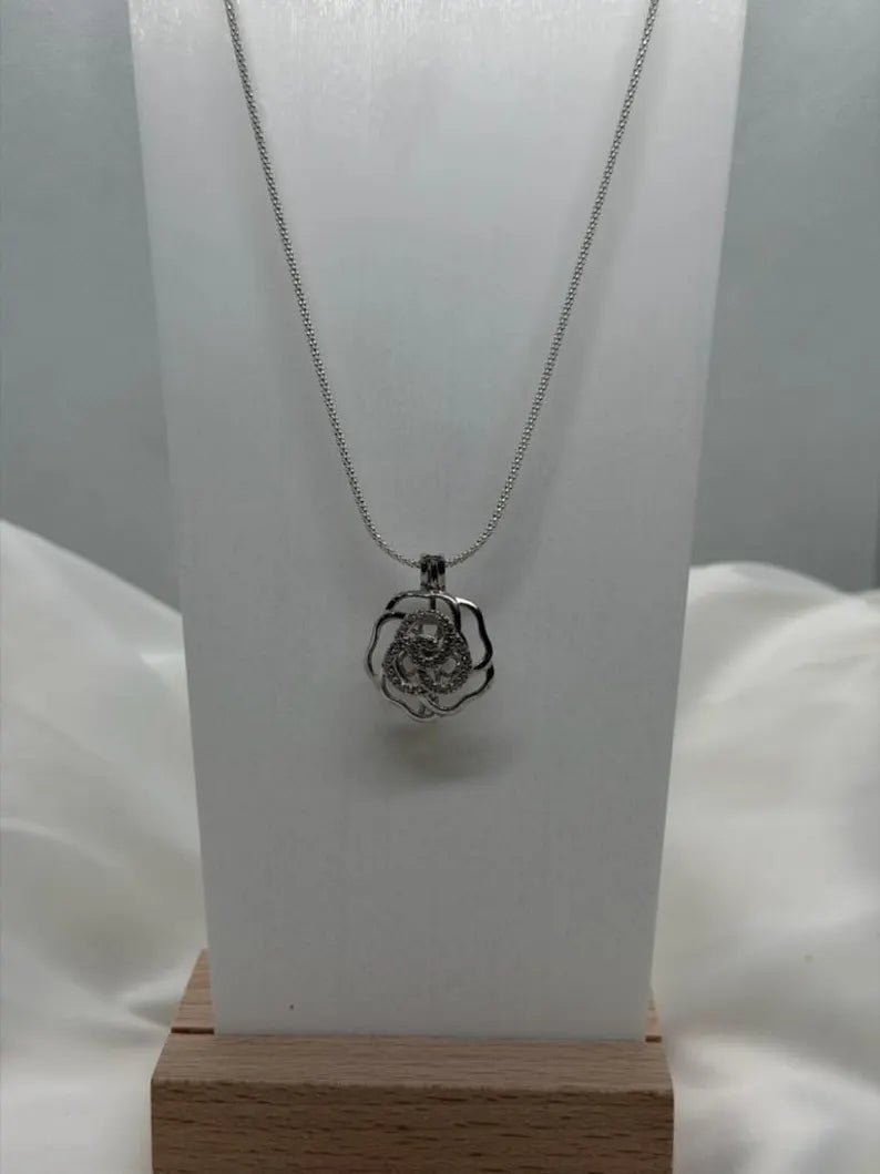 Sterling Silver Gemstone Cage Pendant • Flower CZ Swirl • Interchangeable Necklace • Fits 5mm Gem (3 pcs) • White Gold Plated