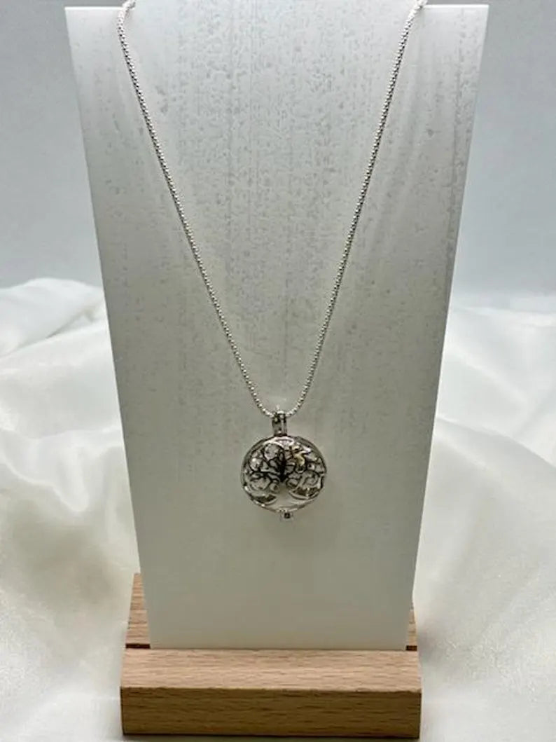 Sterling Silver Gemstone Cage Pendant • Blossoming Tree • Fits 8mm Gem • White Gold Plated