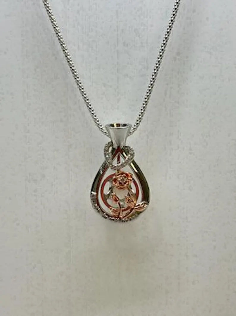 Romantic Cage Pendant Gift • 'Always in my Heart' Rose Gold CZ Blooms in Vase • Sterling Silver (White Gold Plated) • With Gemstone Options