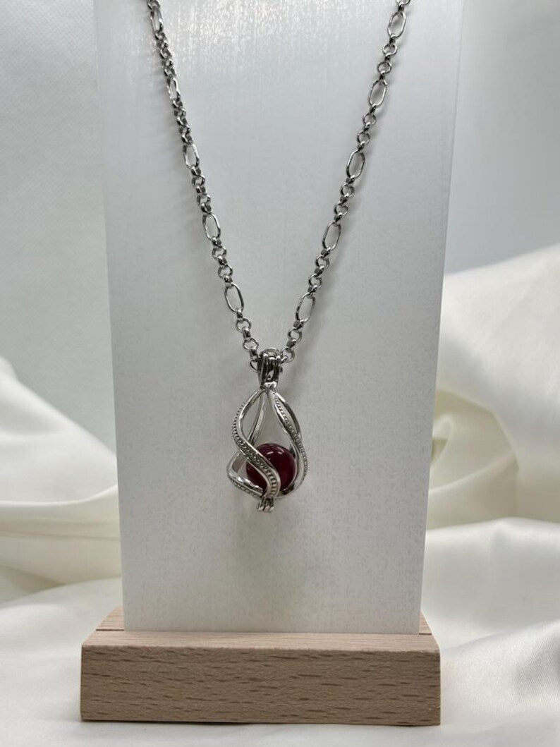 Sterling Silver Cage Pendant with Gemstone Options • Large Twist Design • White Gold Plated • Red Agate • Rainbow Obsidian • Bloodstone