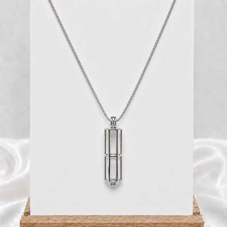 Sterling Silver Gemstone Cage Pendant • Large Cylinder • Fits 8mm (or 5 pcs 6mm) Gems • Interchangeable Necklace • White Gold Plated