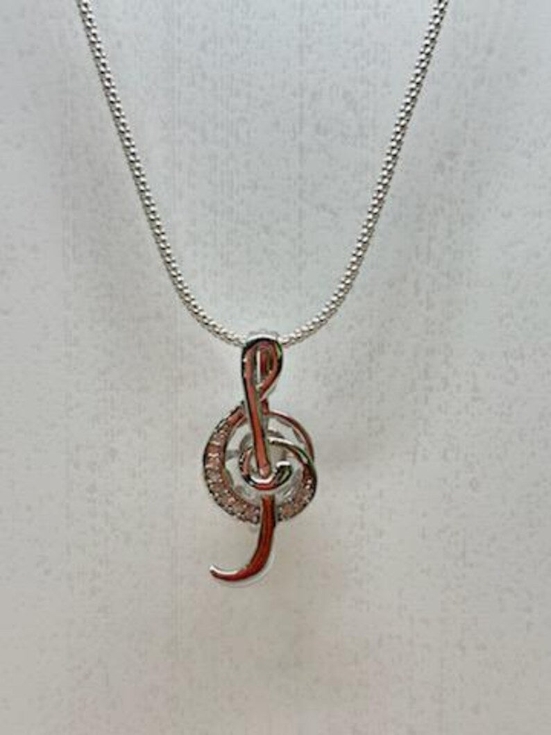 Sterling Silver Gemstone Cage Pendant • Musical Note B2 • Fits 8mm Gem • White Gold Plated