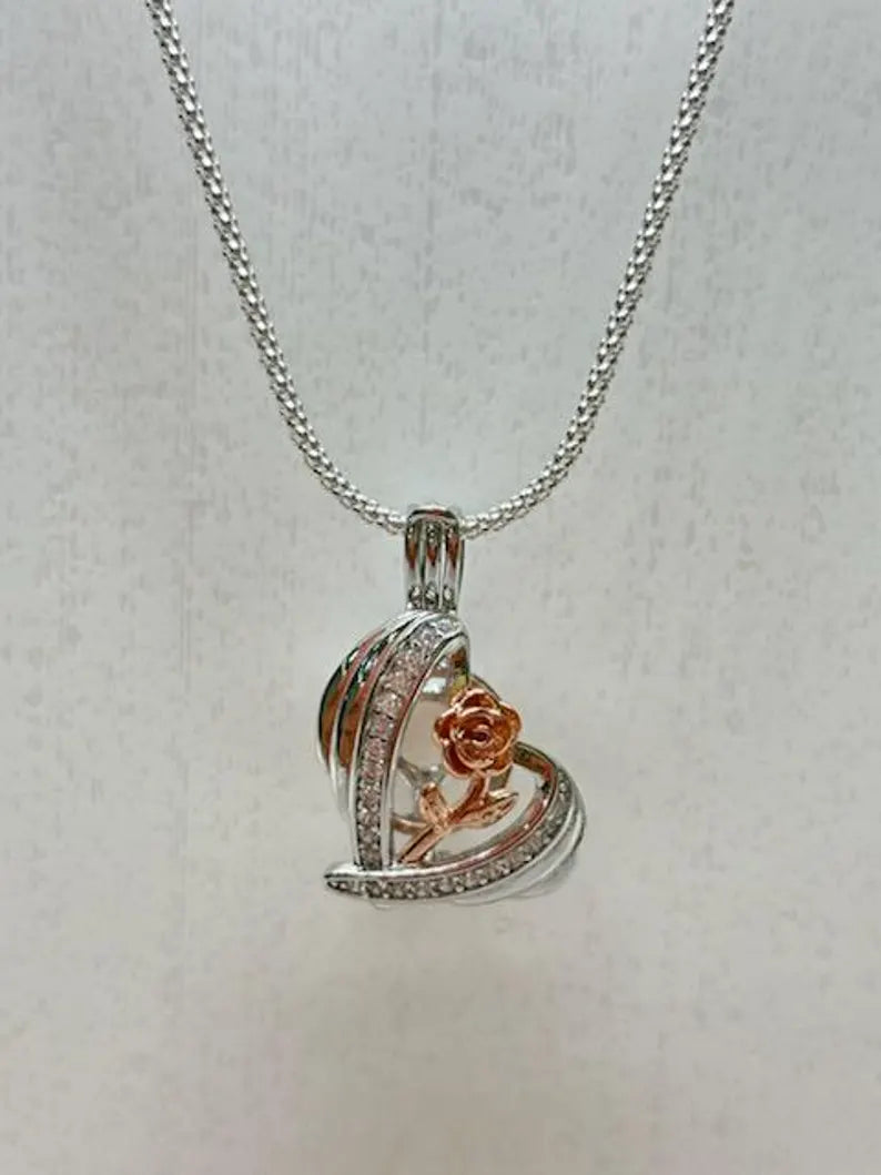 Romantic Cage Pendant Gift • Rose Gold Flower Bloom in 925 CZ Heart • Sterling Silver (White Gold Plated) • Fits 6mm Gem • With Gem Options