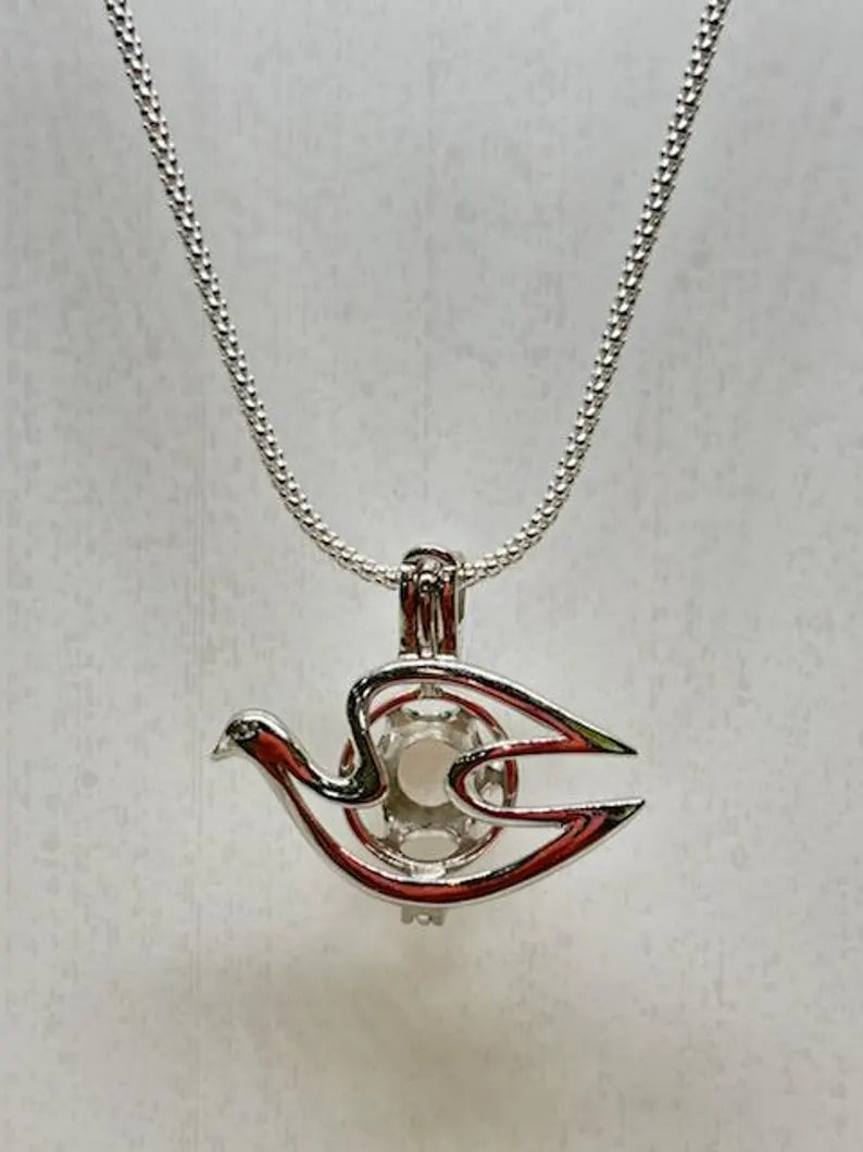Sterling Silver Gemstone Cage Pendant • Peace Dove • Fits 8mm Gem • White Gold Plated