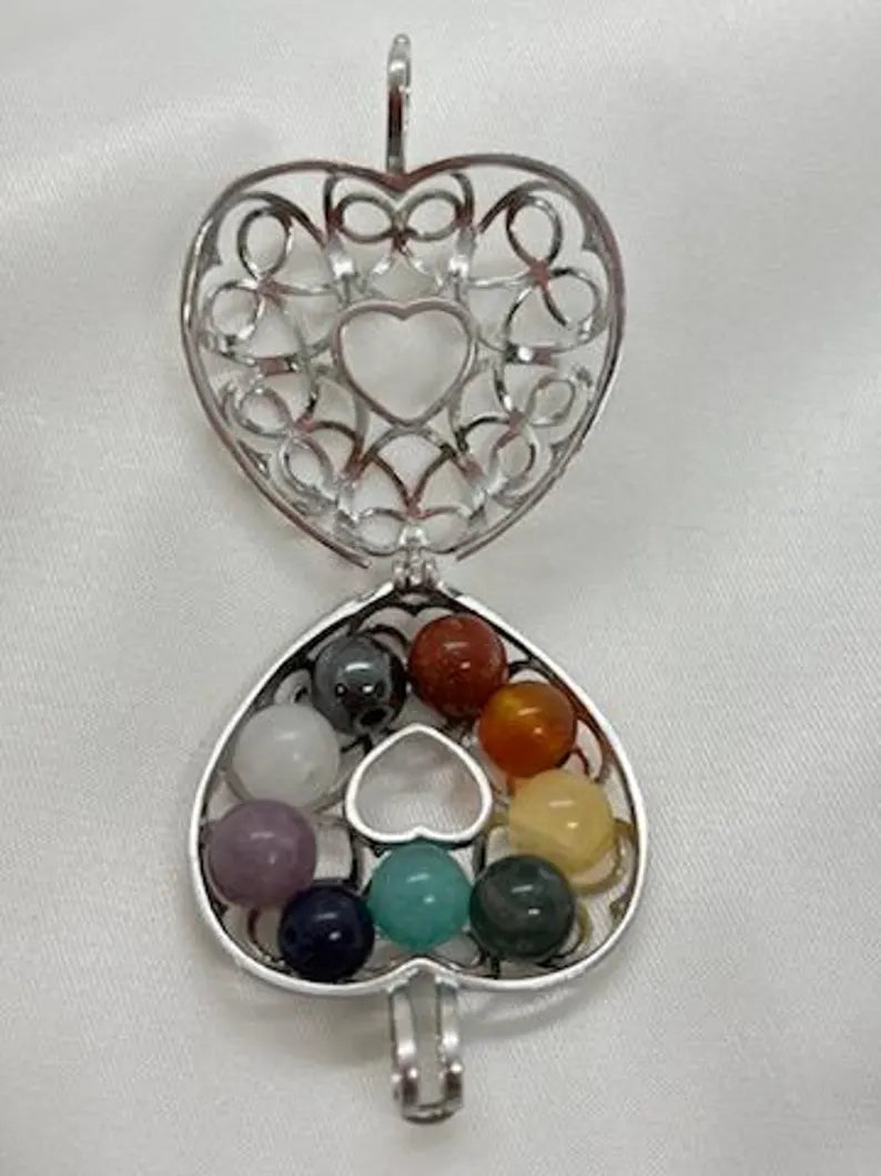 Sterling Silver Cage Pendant with Gemstone Options • Lovely Heart Design • White Gold Plated • 9 Chakra • Angelite • Dumortierite