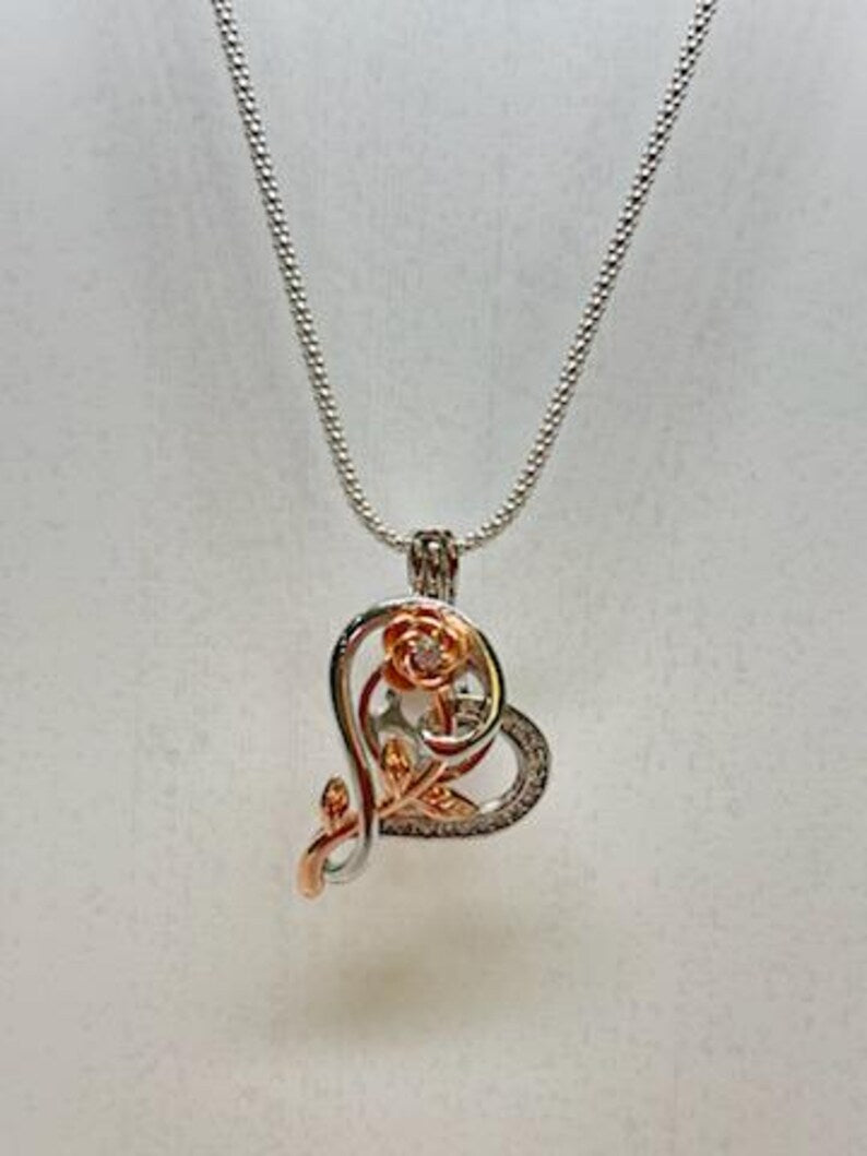 Romantic Cage Pendant Gift • Rose Gold CZ Flower in Sterling Silver CZ Heart • Sterling Silver White Gold Plated • Fits 6mm Gem • Gem Option