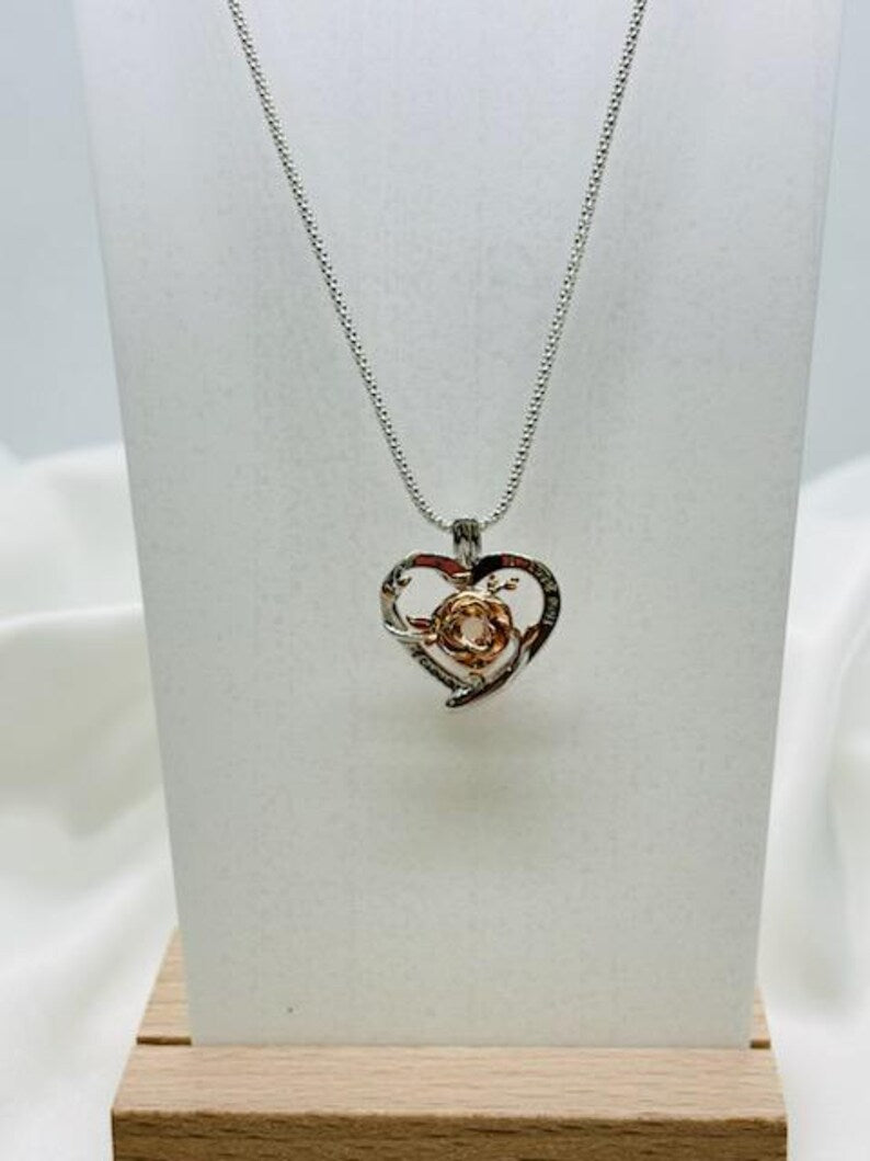 Romantic Cage Pendant Gift •'I Love You Forever' Rose Gold Rose on Sterling Silver (White Gold Plated)• Fits 6mm Gem • With Gemstone Options