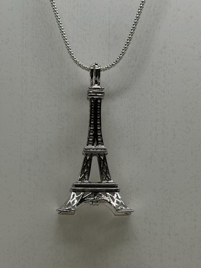 Sterling Silver Gemstone Cage Pendant • Eiffel Tower • 925 Crystal Holder • Birthstone Pendant • Fits 6mm (or 4 pcs 5mm) • White Gold Plated
