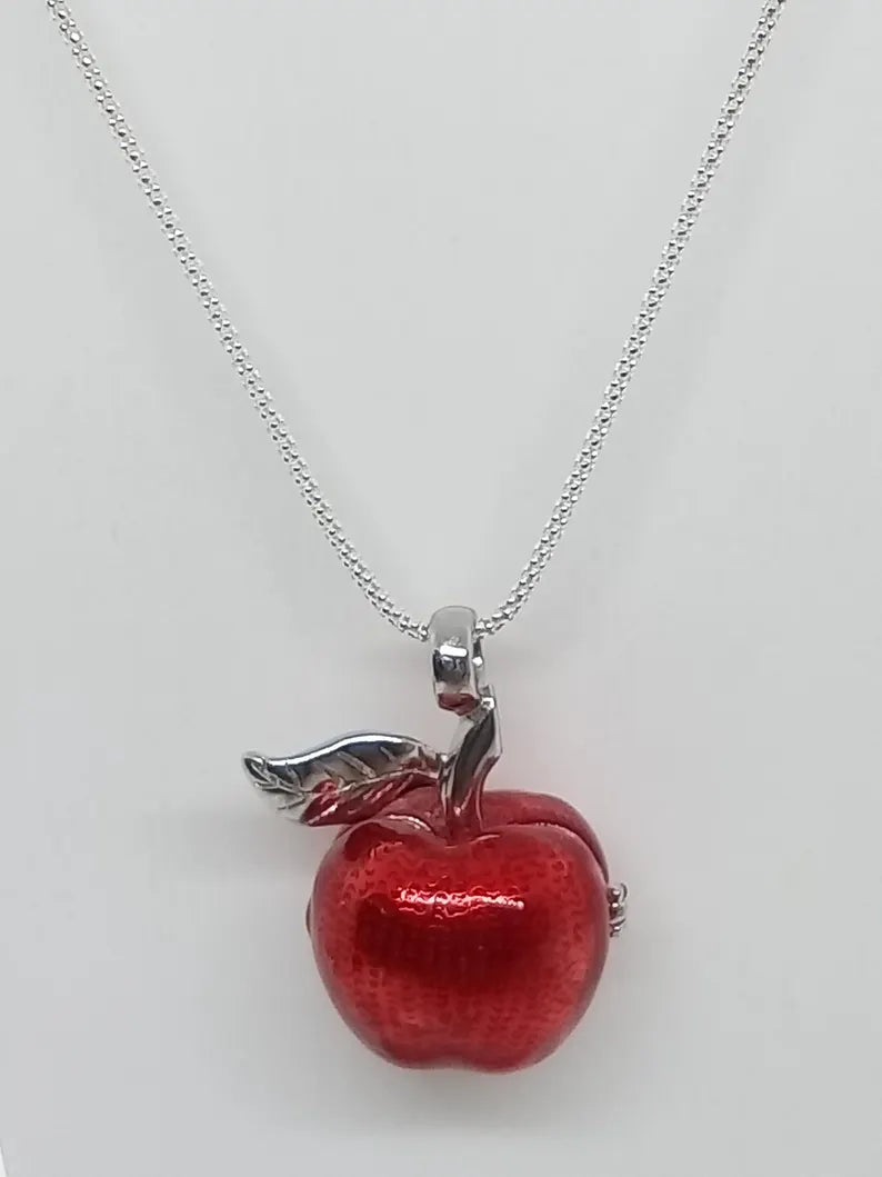 Red Apple Sterling Silver Locket Cage Pendant Necklace • Fits 8mm Gem (4× 6mm, 6× 5mm)