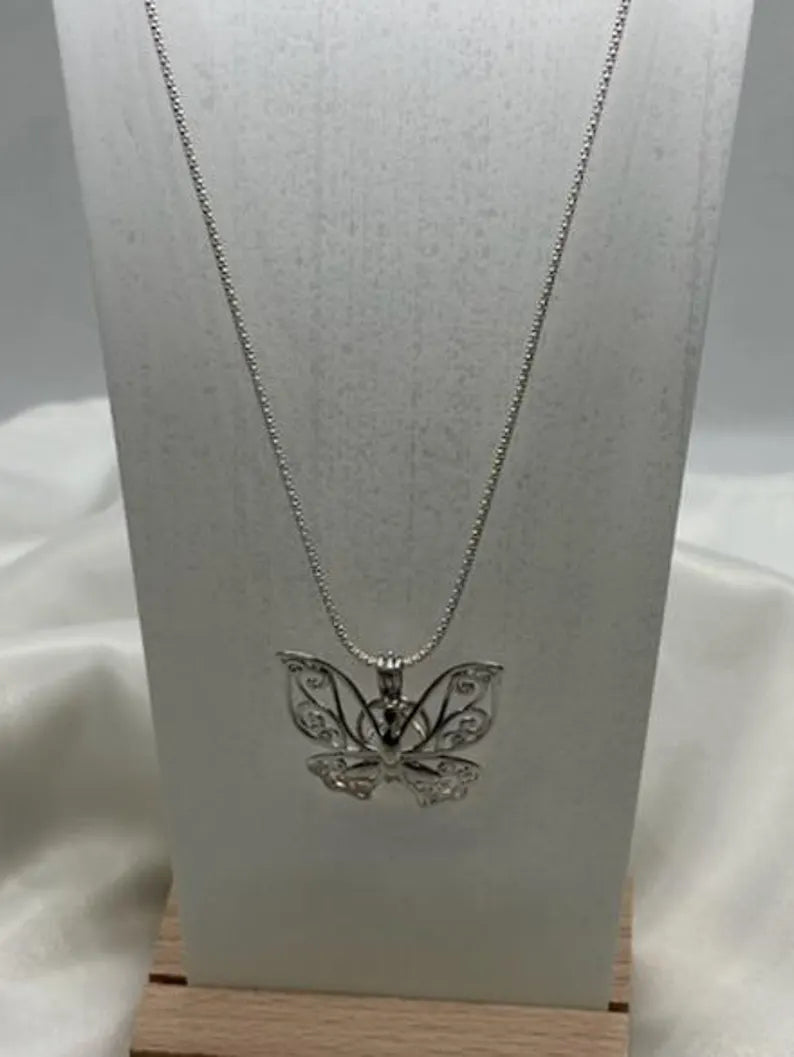 Sterling Silver Gemstone Cage Pendant • Butterfly Design • Fits 8mm Gem • Interchangeable Necklace • White Gold Plated