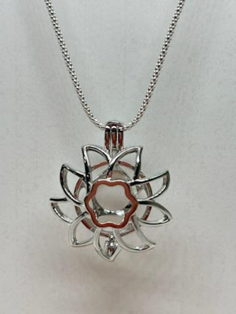 Sterling Silver Gemstone Cage Pendant • Large Sunflower Design • Fits 14mm Gem • White Gold Plated