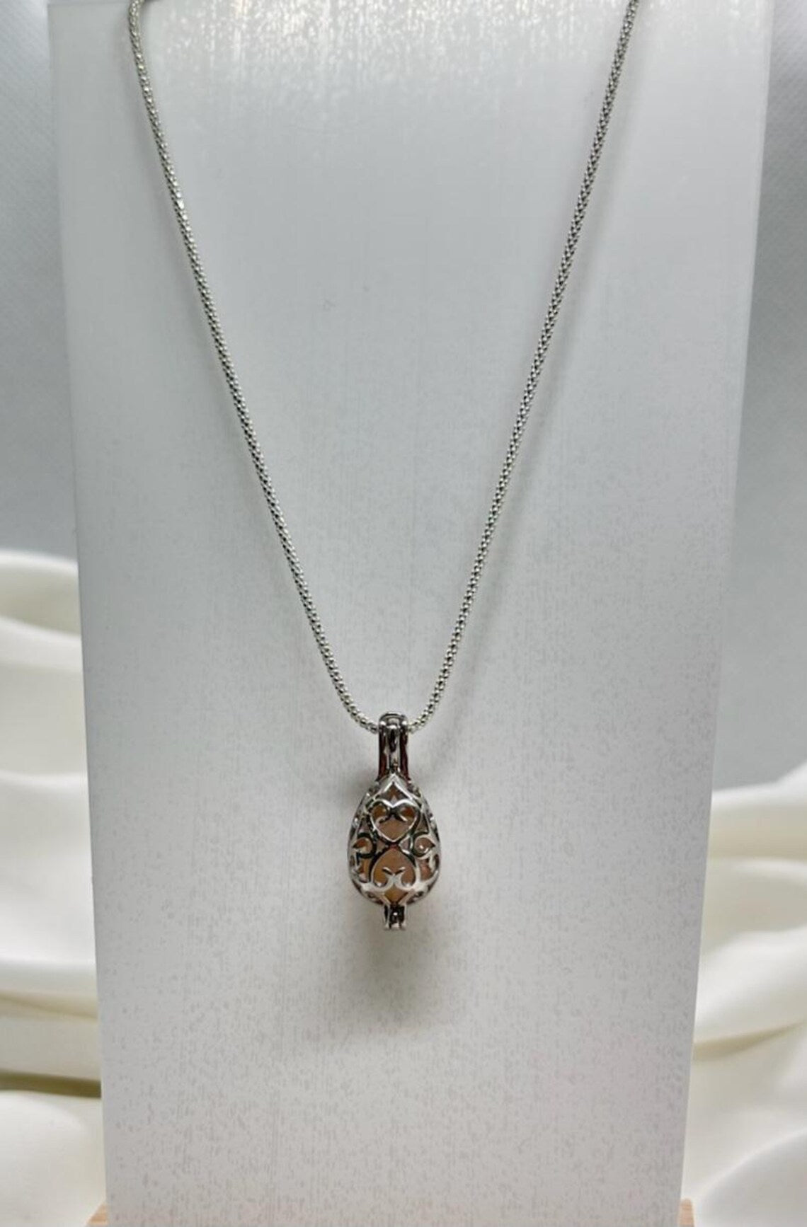 Sterling Silver Cage Pendant with Gemstone Options • Oval Egg Design • White Gold Plated • Peach Morganite • Green Fluorite • Gold Pyrite