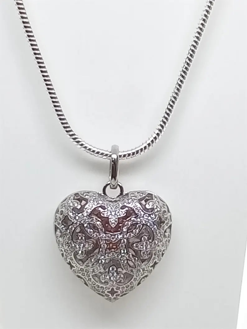 Elegant Heart Filigree Sterling Silver Locket Pendant Necklace • Hidden Surprise Inner Dangling Rose Gold Heart