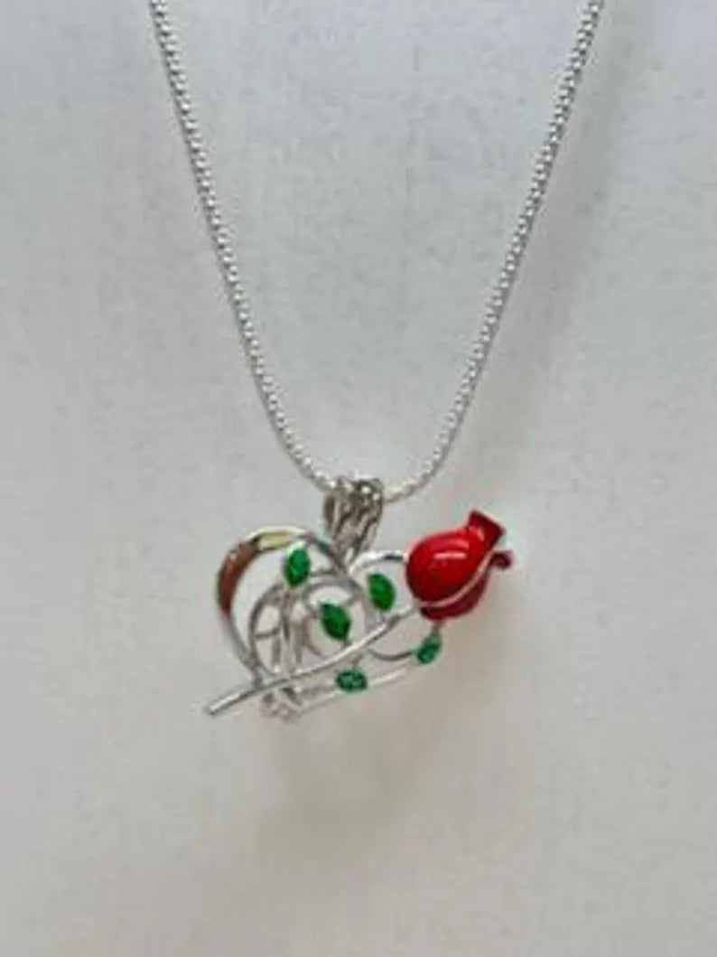 Romantic Cage Pendant Gift • Red Rose + Green Leaves Sterling Silver (White Gold Plated) • Fits 6mm Gem • with Gemstone Options