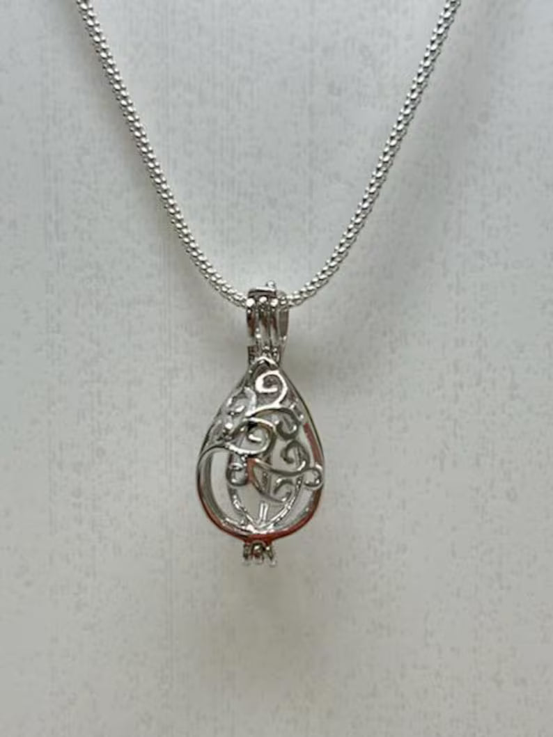 Sterling Silver Gemstone Cage Pendant • Flowing Waterdrop • Fits 8mm Gem • White Gold Plated