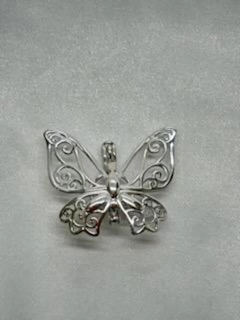 Sterling Silver Gemstone Cage Pendant • Butterfly Design • Fits 8mm Gem • Interchangeable Necklace • White Gold Plated