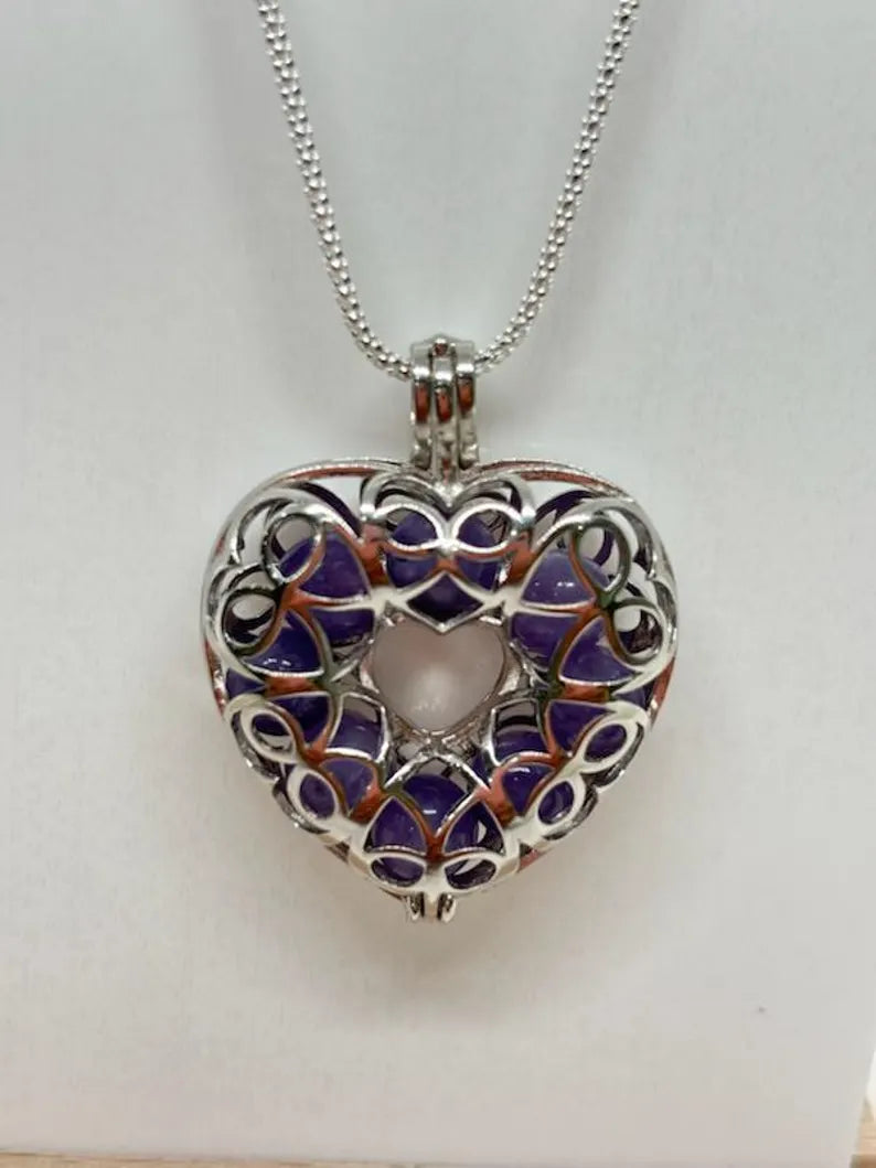 Sterling Silver Cage Pendant with Gemstone Options • Lovely Heart Design • White Gold Plated • 9 Chakra • Angelite • Dumortierite