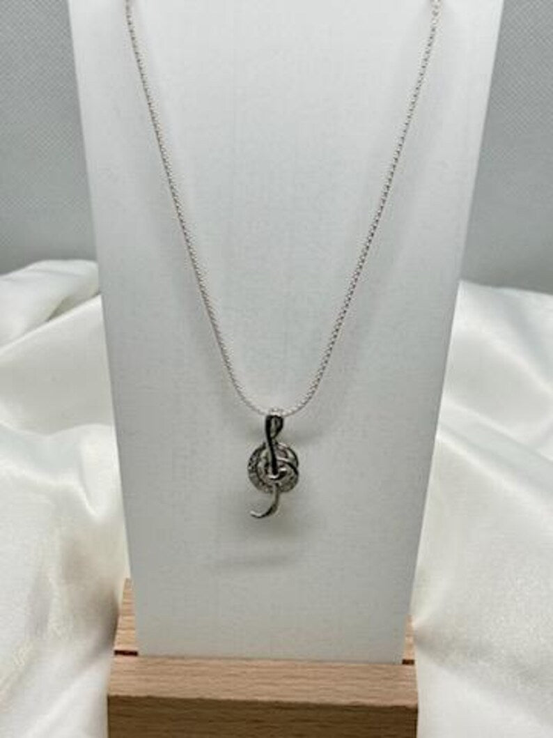 Sterling Silver Gemstone Cage Pendant • Musical Note B2 • Fits 8mm Gem • White Gold Plated