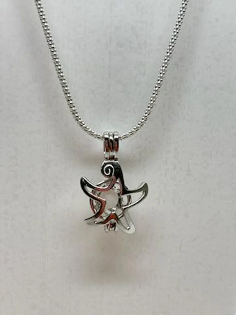 Sterling Silver Gemstone Cage Pendant • Starfish Design • Fits 6mm Gem • White Gold Plated