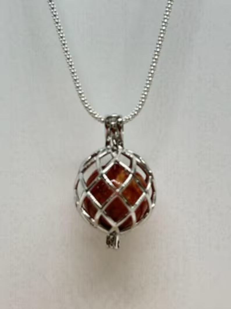 Sterling Silver Cage Pendant with Gemstone Options • Round Classic • White Gold Plated • Jade • Jasper • Peach Moonstone • Blue Lace Agate