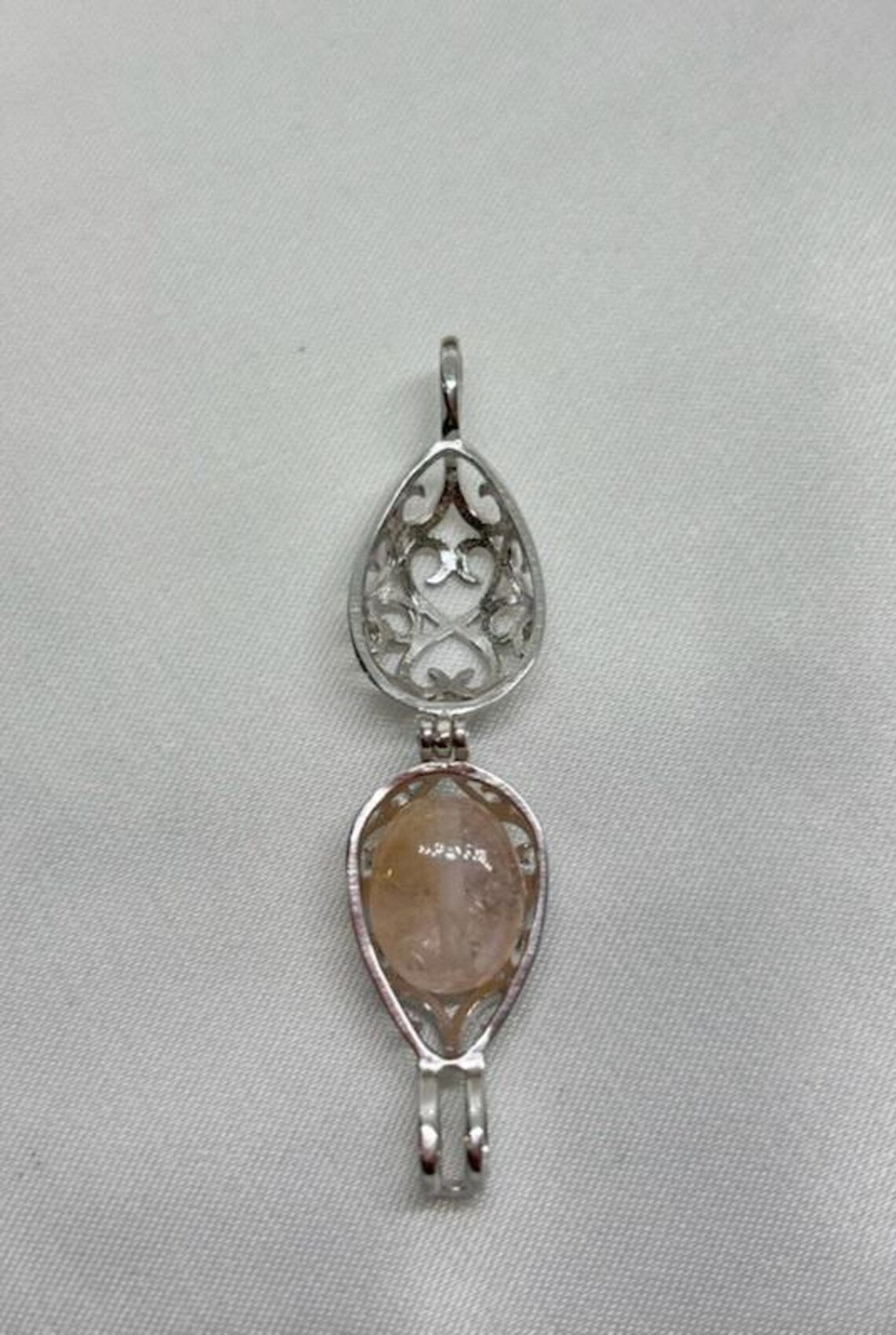 Sterling Silver Cage Pendant with Gemstone Options • Oval Egg Design • White Gold Plated • Peach Morganite • Green Fluorite • Gold Pyrite