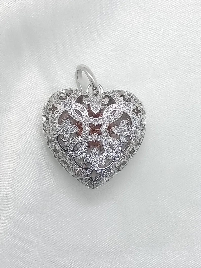 Elegant Heart Filigree Sterling Silver Locket Pendant Necklace • Hidden Surprise Inner Dangling Rose Gold Heart