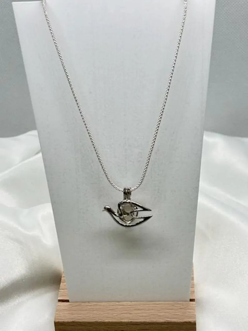 Sterling Silver Gemstone Cage Pendant • Peace Dove • Fits 8mm Gem • White Gold Plated