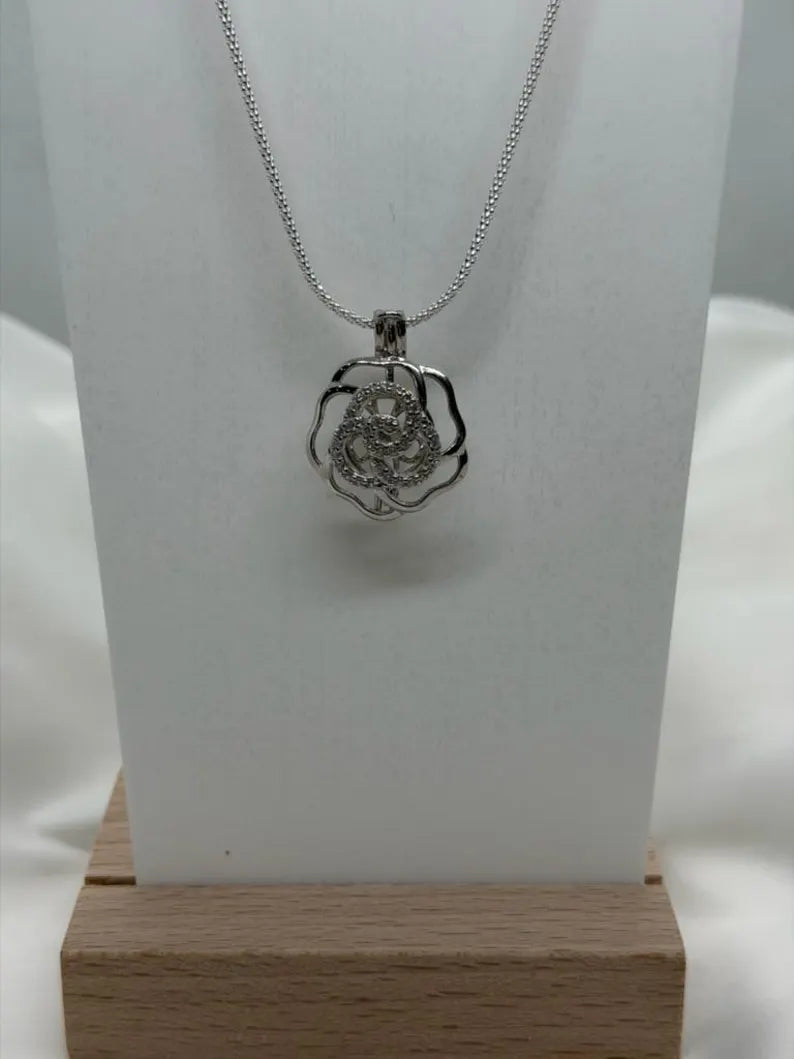 Sterling Silver Gemstone Cage Pendant • Flower CZ Swirl • Interchangeable Necklace • Fits 5mm Gem (3 pcs) • White Gold Plated