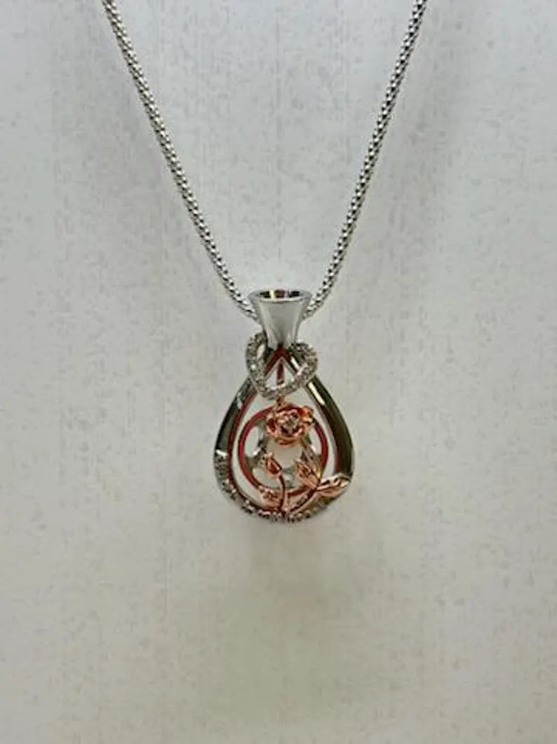 Romantic Cage Pendant Gift • 'Always in my Heart' Rose Gold CZ Blooms in Vase • Sterling Silver (White Gold Plated) • With Gemstone Options
