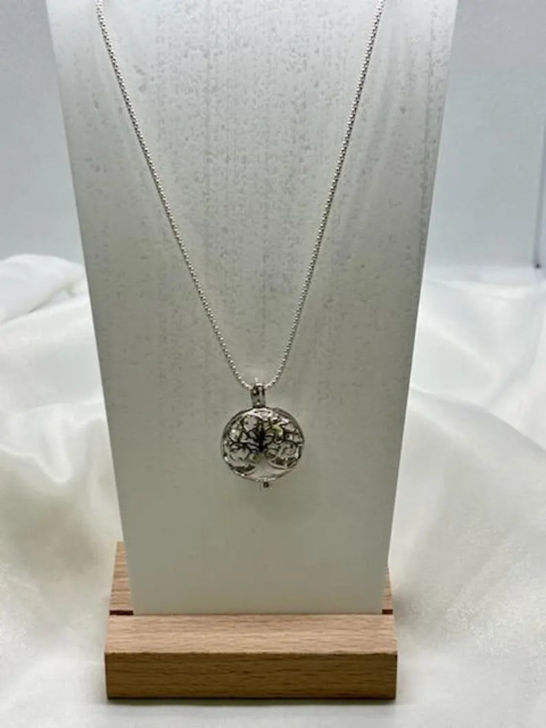 Sterling Silver Gemstone Cage Pendant • Blossoming Tree • Fits 8mm Gem • White Gold Plated