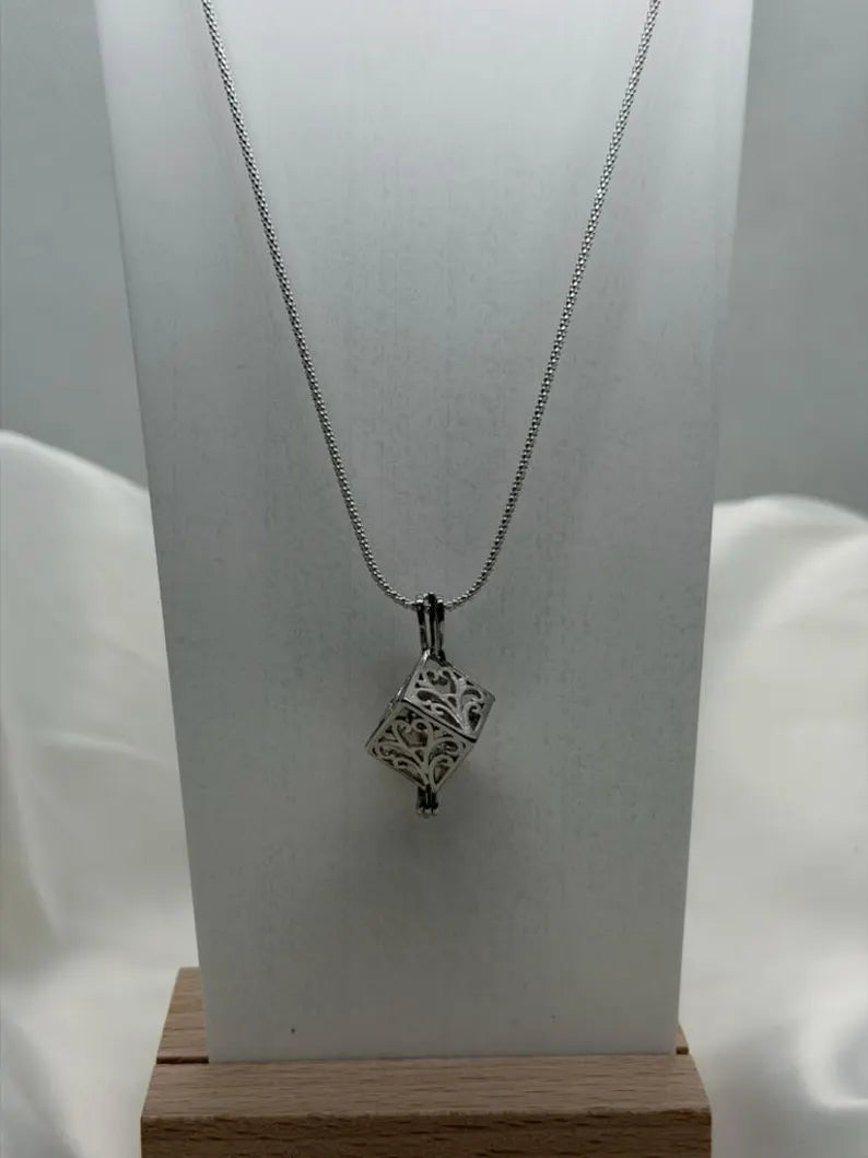 Sterling Silver Gemstone Cage Pendant • Lovely Blossom Cube • Interchangeable Necklace • Fits 8mm Gem (or 4pcs 5mm) • White Gold Plated