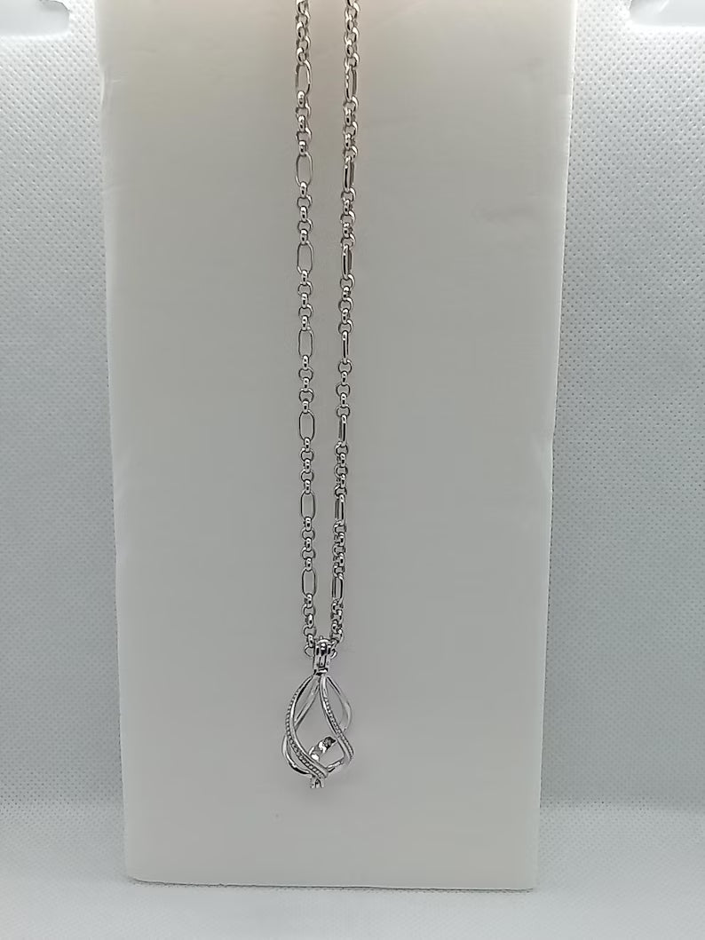 Sterling Silver Gemstone Cage Pendant • Large Twist Design • Interchangeable Necklace • Fits 14mm Gem • White Gold Plated