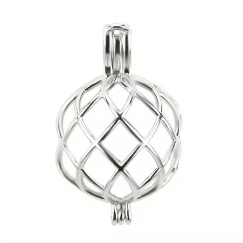 Sterling Silver Gemstone Cage Pendant • Round Classic • Fits 14mm Gem • White Gold Plated