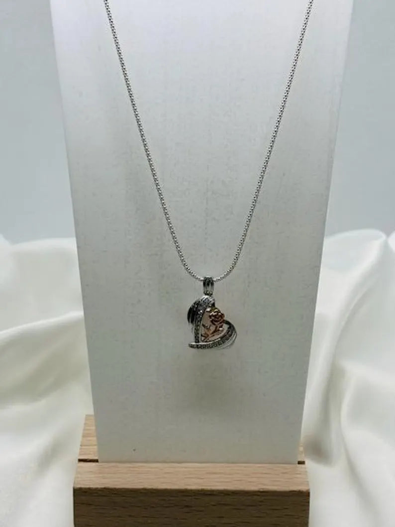 Romantic Cage Pendant Gift • Rose Gold Flower Bloom in 925 CZ Heart • Sterling Silver (White Gold Plated) • Fits 6mm Gem • With Gem Options