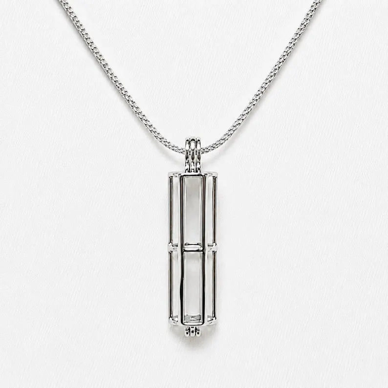Sterling Silver Gemstone Cage Pendant • Large Cylinder • Fits 8mm (or 5 pcs 6mm) Gems • Interchangeable Necklace • White Gold Plated