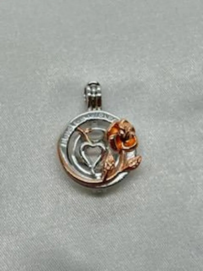 Romantic Cage Pendant Gift • 'I Love You Forever' Rose Gold Flower with Silver Heart • Fits 6mm Gem • Sterling Silver (White Gold Plated)