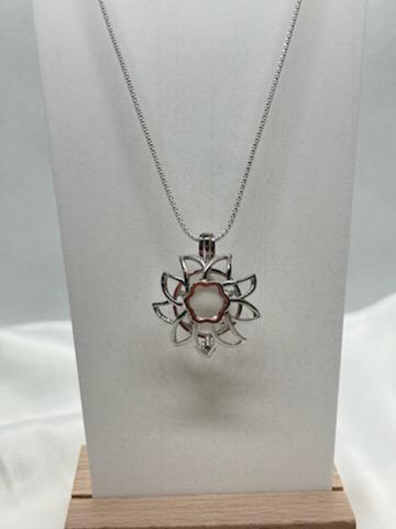 Sterling Silver Gemstone Cage Pendant • Large Sunflower Design • Fits 14mm Gem • White Gold Plated