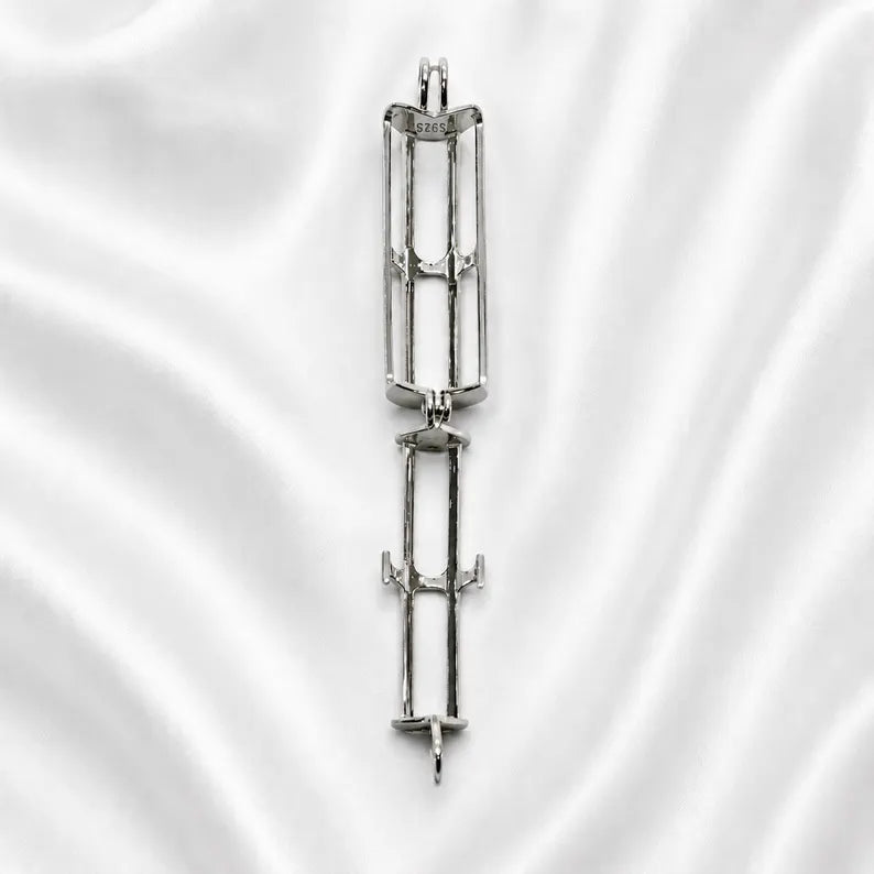 Sterling Silver Gemstone Cage Pendant • Cylinder Design • Fits 4 pcs 6mm Gems • Interchangeable Necklace • White Gold Plated
