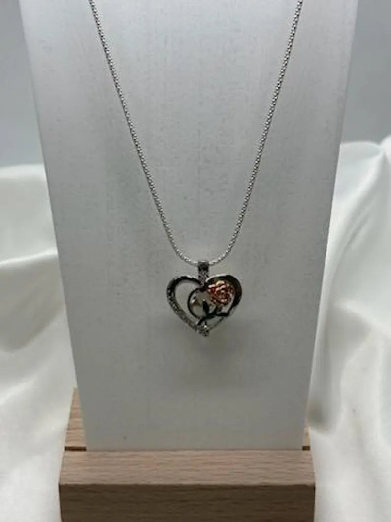 Romantic Cage Pendant Gift • Rose Gold Bloom on Green Stem in 925 CZ Heart • Sterling Silver White Gold Plated • Fits 6mm Gem • Gem Options