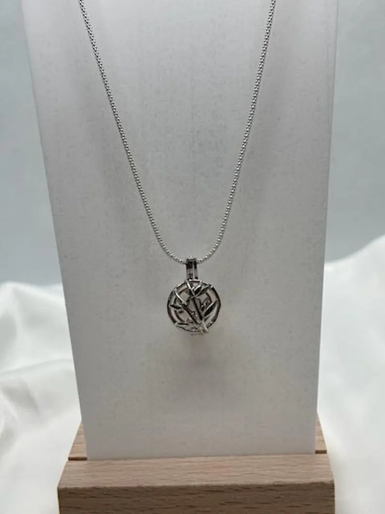 Sterling Silver Gemstone Cage Pendant • Blossoming Plant • Interchangeable Necklace • Fits 8mm Gem • White Gold Plated