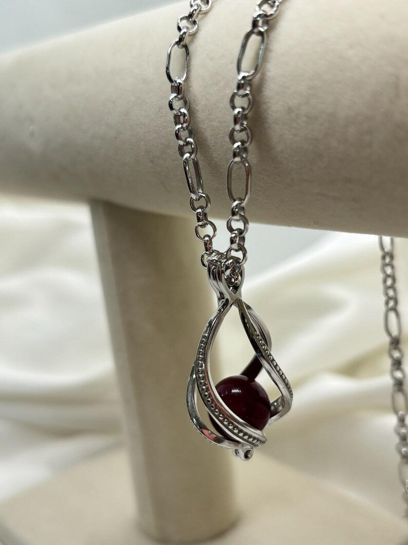 Sterling Silver Cage Pendant with Gemstone Options • Large Twist Design • White Gold Plated • Red Agate • Rainbow Obsidian • Bloodstone