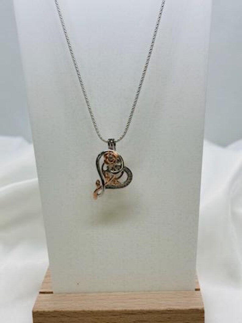 Romantic Cage Pendant Gift • Rose Gold CZ Flower in Sterling Silver CZ Heart • Sterling Silver White Gold Plated • Fits 6mm Gem • Gem Option
