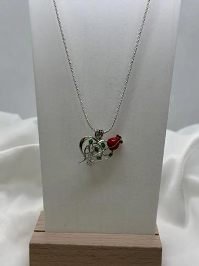 Romantic Cage Pendant Gift • Red Rose + Green Leaves Sterling Silver (White Gold Plated) • Fits 6mm Gem • with Gemstone Options