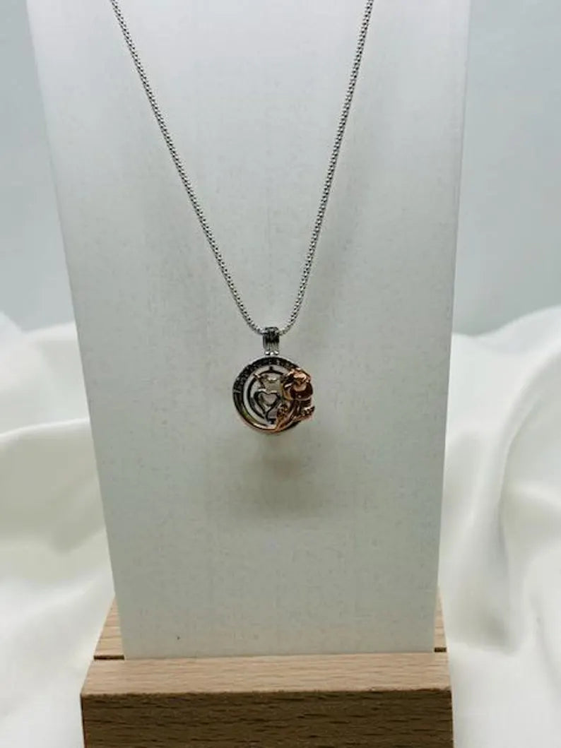 Romantic Cage Pendant Gift • 'I Love You Forever' Rose Gold Flower with Silver Heart • Fits 6mm Gem • Sterling Silver (White Gold Plated)