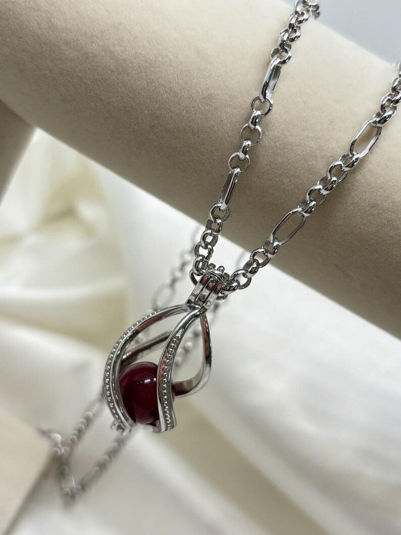 Sterling Silver Cage Pendant with Gemstone Options • Large Twist Design • White Gold Plated • Red Agate • Rainbow Obsidian • Bloodstone